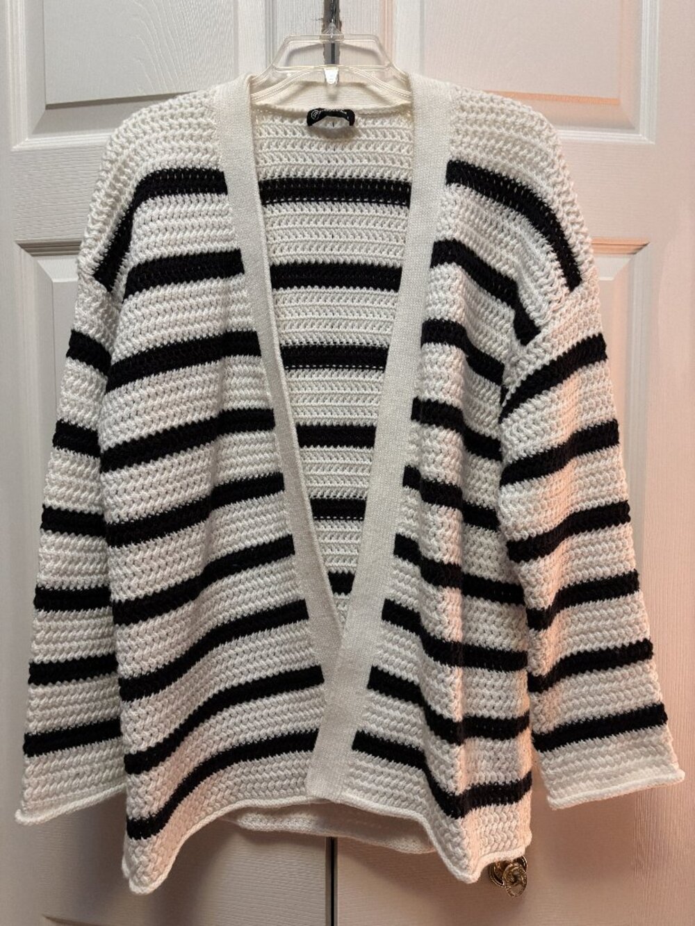 PrettyGarden Black White Striped Crochet Cardigan Size Large Open Front